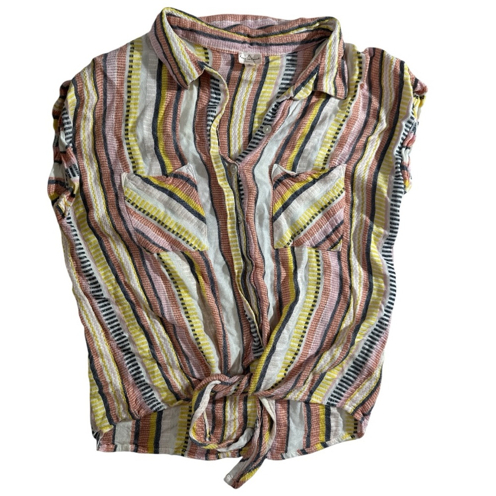 EUC keep in touch Colorful pink, coral, yellow Stripe Button Down tie front top